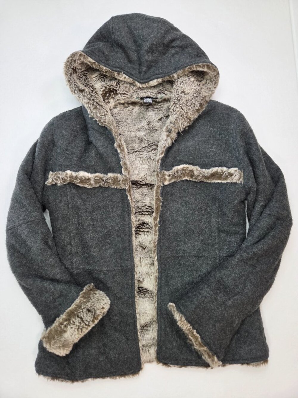 Athleta Women’s Small Gray Wool Blend Faux Fur Lined Hooded Jacket Coat